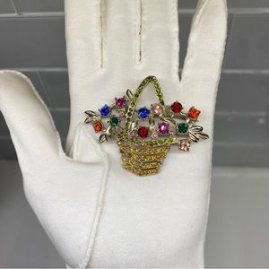 Vintage 1950s Signed Ledo Basket Brooch Pin by Polcini Citrine and Rhinestones